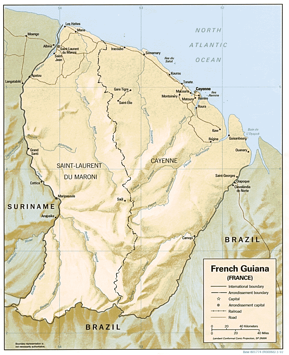 French Guiana Shaded Relief Map 1992